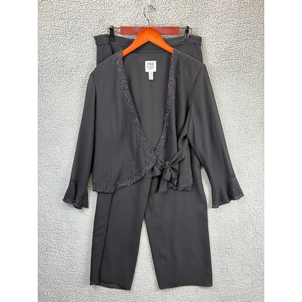 R&M Richards 2 Piece Pant Suit Womens 16P Black Shimmer Tie Front Formal Evening